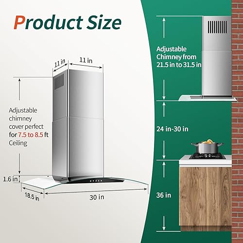 Miniatura 6 de Tieasy Campana extractora de 30 pulgadas, campana de cocina de montaje en pared con conducto convertible sin conductosconductos, chimenea de acero