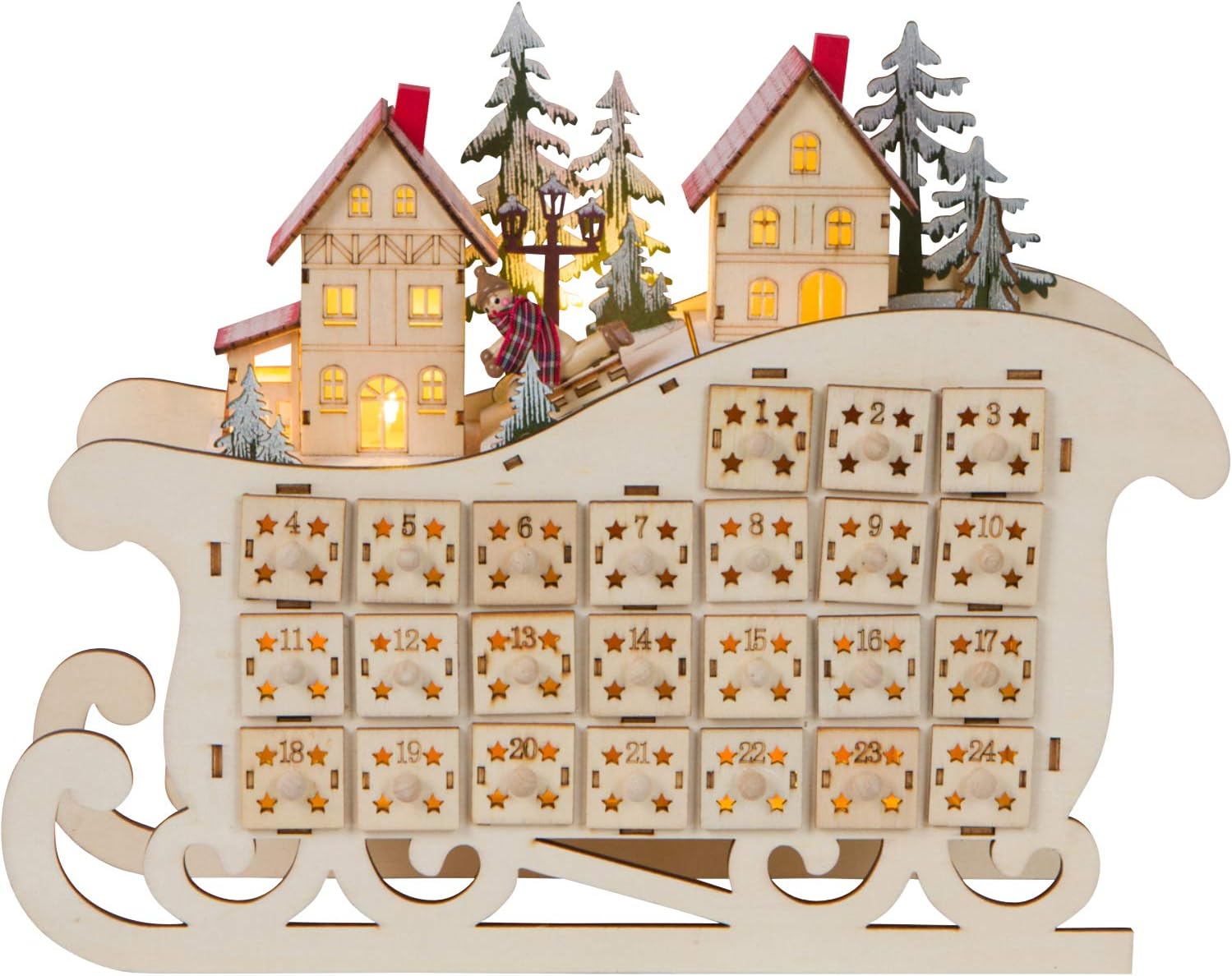 LED Lighted Wooden Bavarian Sleigh Advent Calendar - Christmas Decoration with 24 Storage Drawers