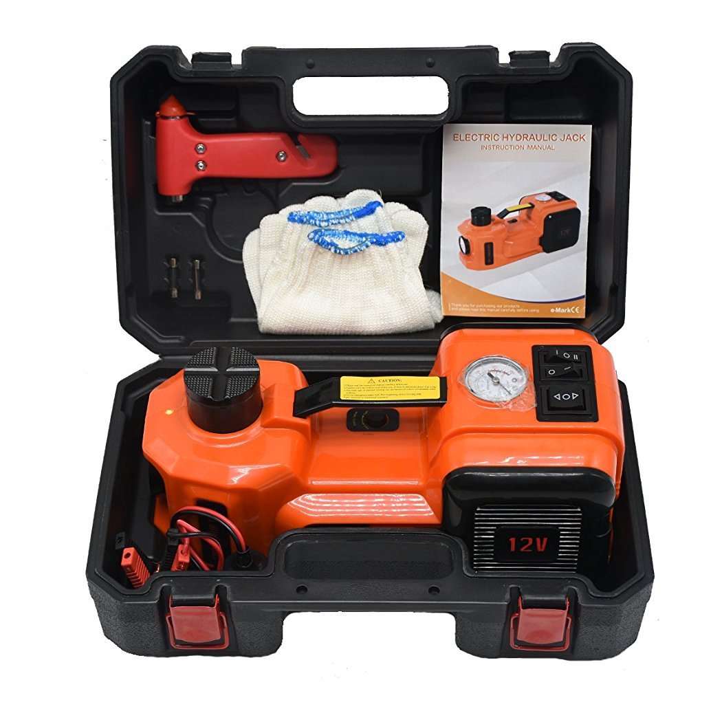 12V DC 5.0T(11023lb) Capacity Lifting rang 135-360mm electric Hydraulic Floor Jack and Tire Inflator Pump and LED Flashlight 3 in 1 Set Car Tire Repair Tool for Car