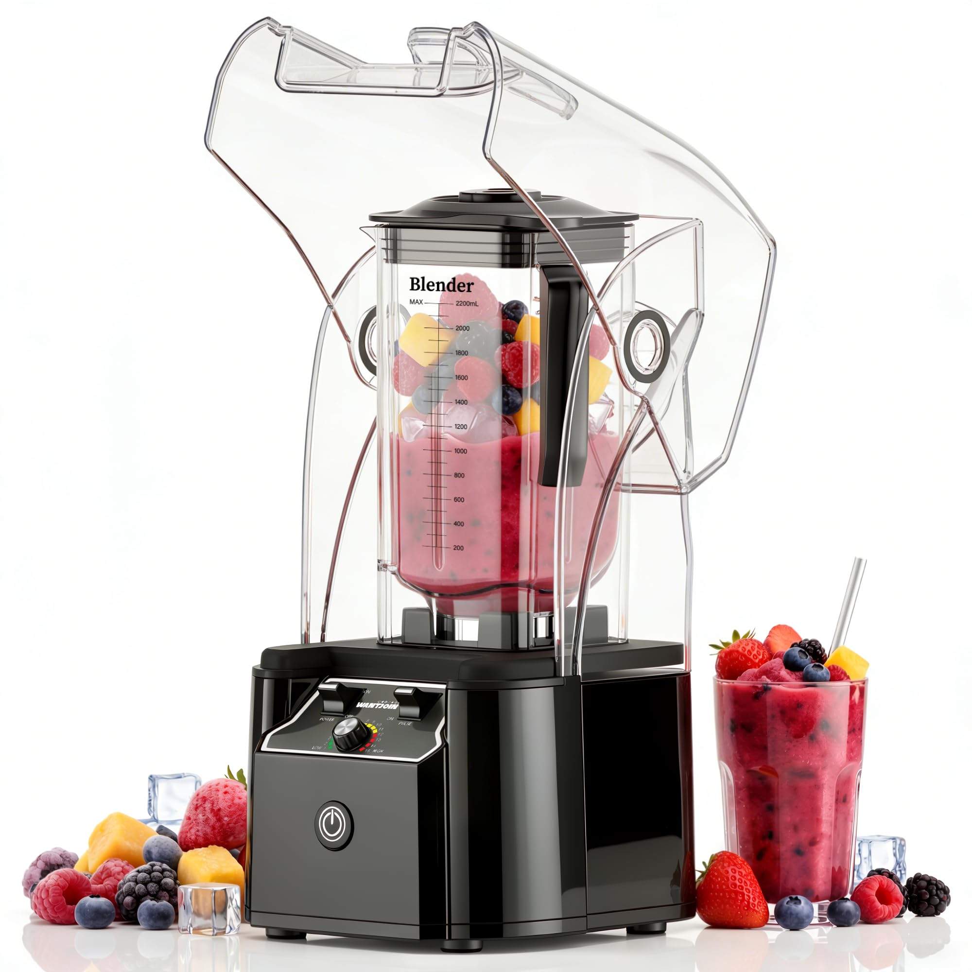 WantJoin Kommerzieller Mixer mit Schallschutzhaube 2.2L Leise Professioneller Smoothiemaker 2200W Hochleistungsmixer Gewerbe-Standmixer für Eiszerkleinerung, Gefrorene Desserts, Suppen und Fisch
