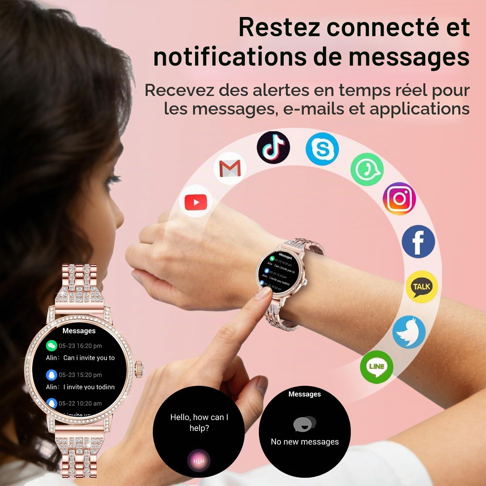 Montre Connectée Femme avec Diamant,3 Bracelets,1,27" HD appels Bluetooth Smartwatch,Fréquence Cardiaqu/Sommeil/SpO2/Féminine/Calories,IP68,120+ Sportif Podomètre Tracker pour Android/iOS,Or rose