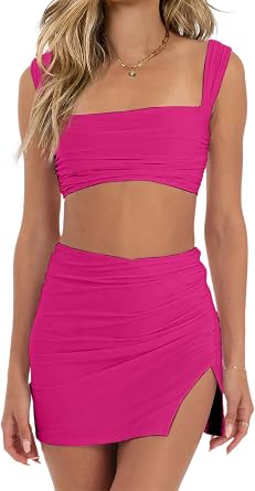 CSDAJIO Summer 2 Piece Outfits for Women Sleeveless Square Neck Crop Top Ruched Strappy Tank and Bodycon Mini Skirt