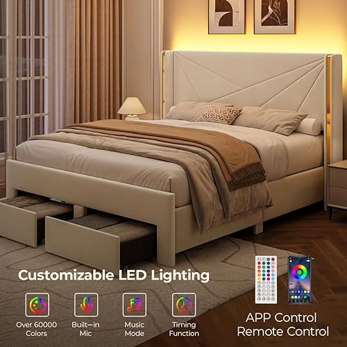 Miniatura 4 de Marco de cama tamaño completo con cajones de almacenamiento y cabecera con respaldo de ala, marcos de cama tamaño completo tapizados de terciopelo