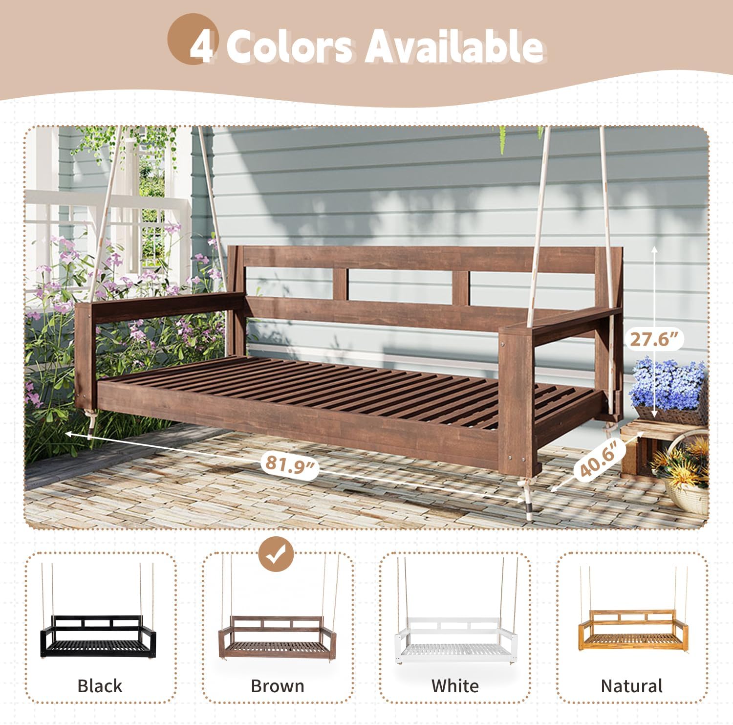 Patio Wooden Twin Size Porch Swing Daybed Frame in Acacia Wood - Farmhouse Style Outdoor Seating with 4 Hanging Ropes, Durable Natural Finish & 350lbs Weight Capacity for Backyard & Garden