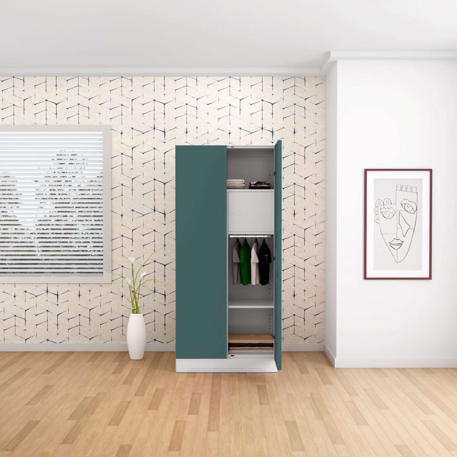 Interio by Godrej Slimline 2-Door Steel Almirah/Wardrobe(Textured Sea Pine) | 1-Year Warranty, 1 Locker, 4 Shelves