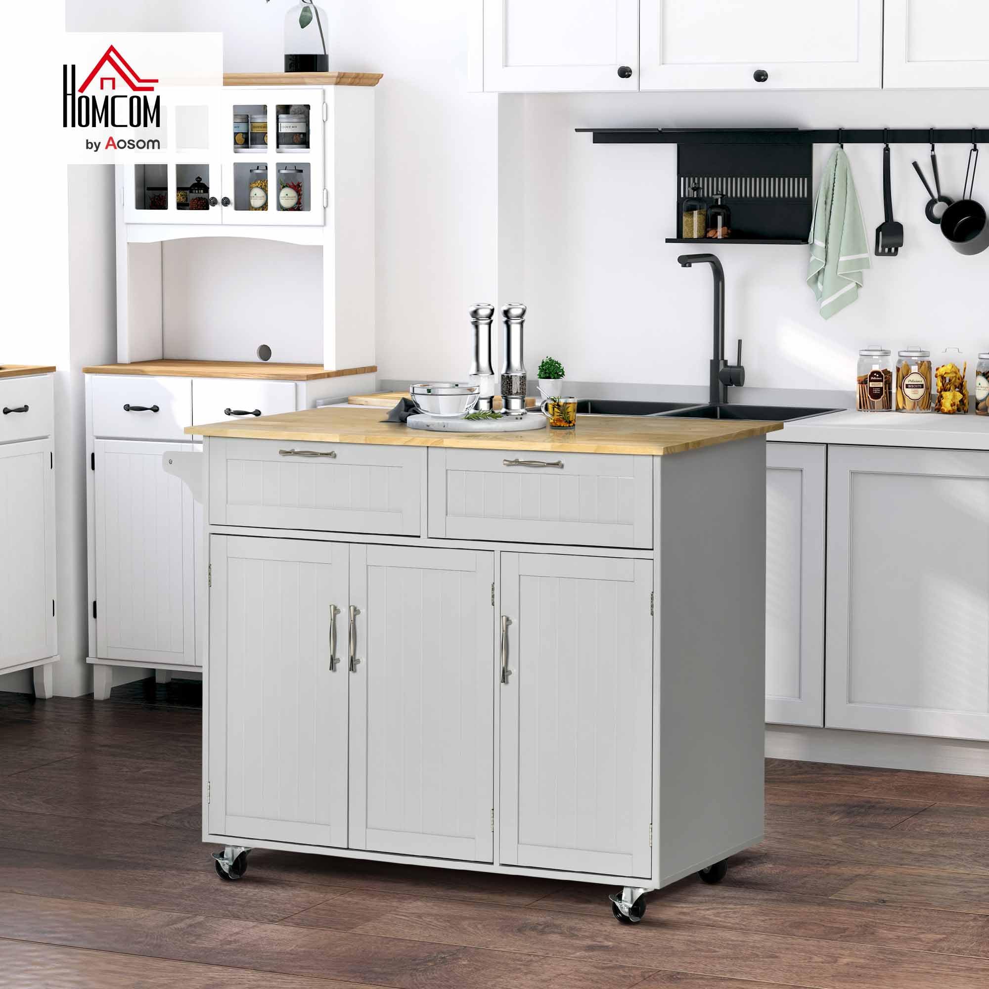 HOMCOM Isla de Cocina con Ruedas Carro de Cocina Mueble Auxiliar de Cocina con 2 Cajones 3 Puertas y Barra Lateral para Comedor 121x46x91 cm Gris