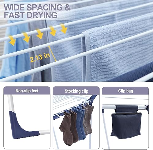 Miniatura 4 de APEXCHASER Tendedero de Ropa Plegable - Tendedero de Ropa de Gran Espacio, Tendedero de Lavandería con Alas con Clips para Calcetines para Colgar