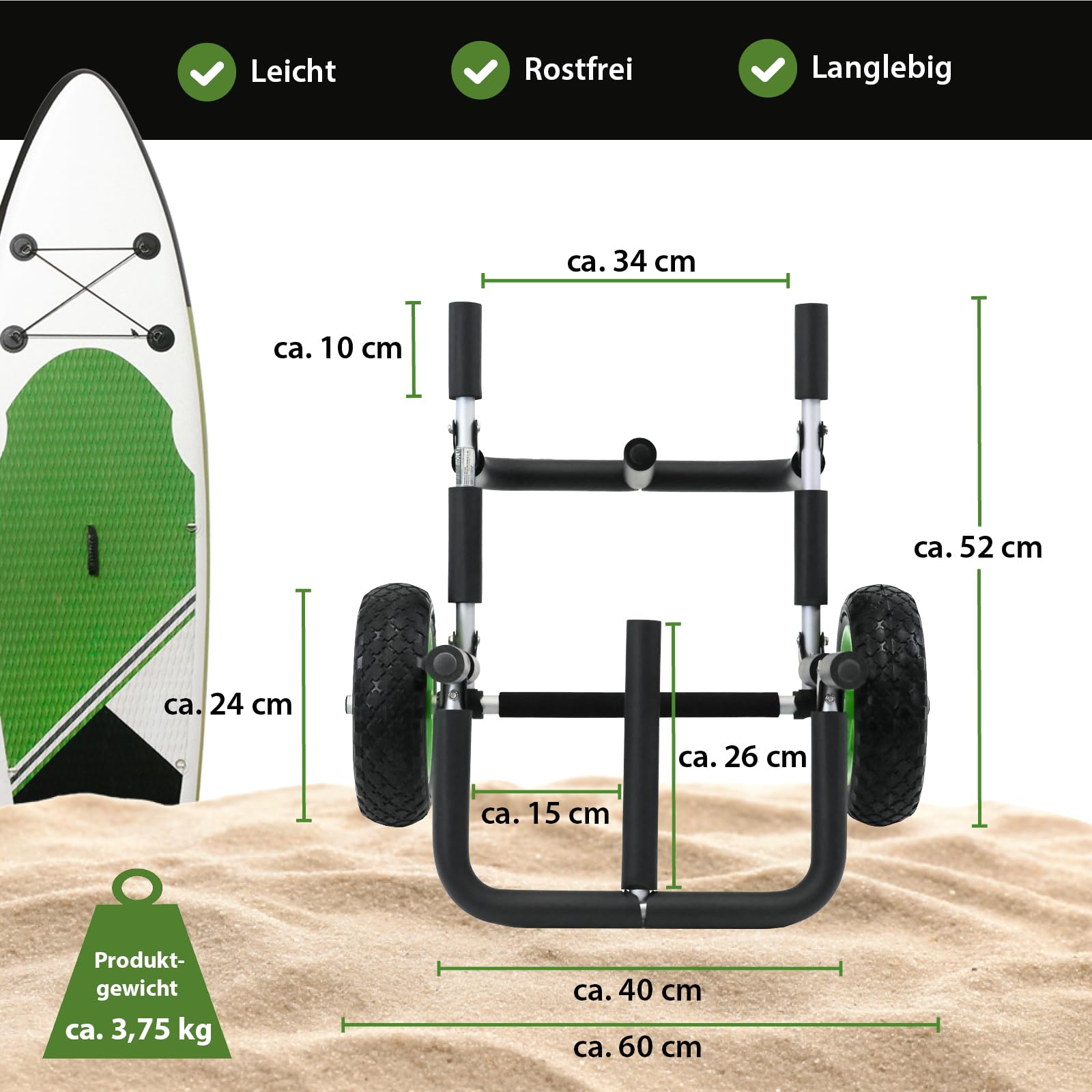 TRUTZHOLM SUP Wagen aus Aluminium mit Schaumstoff-Polsterung für Wassersportgeräte klappbarer Stand Up Pladdle Wagen mit PU-Rädern Kajakwagen Trolley Bootswagen Surfwagen inkl. 2 Sicherheitsgurte
