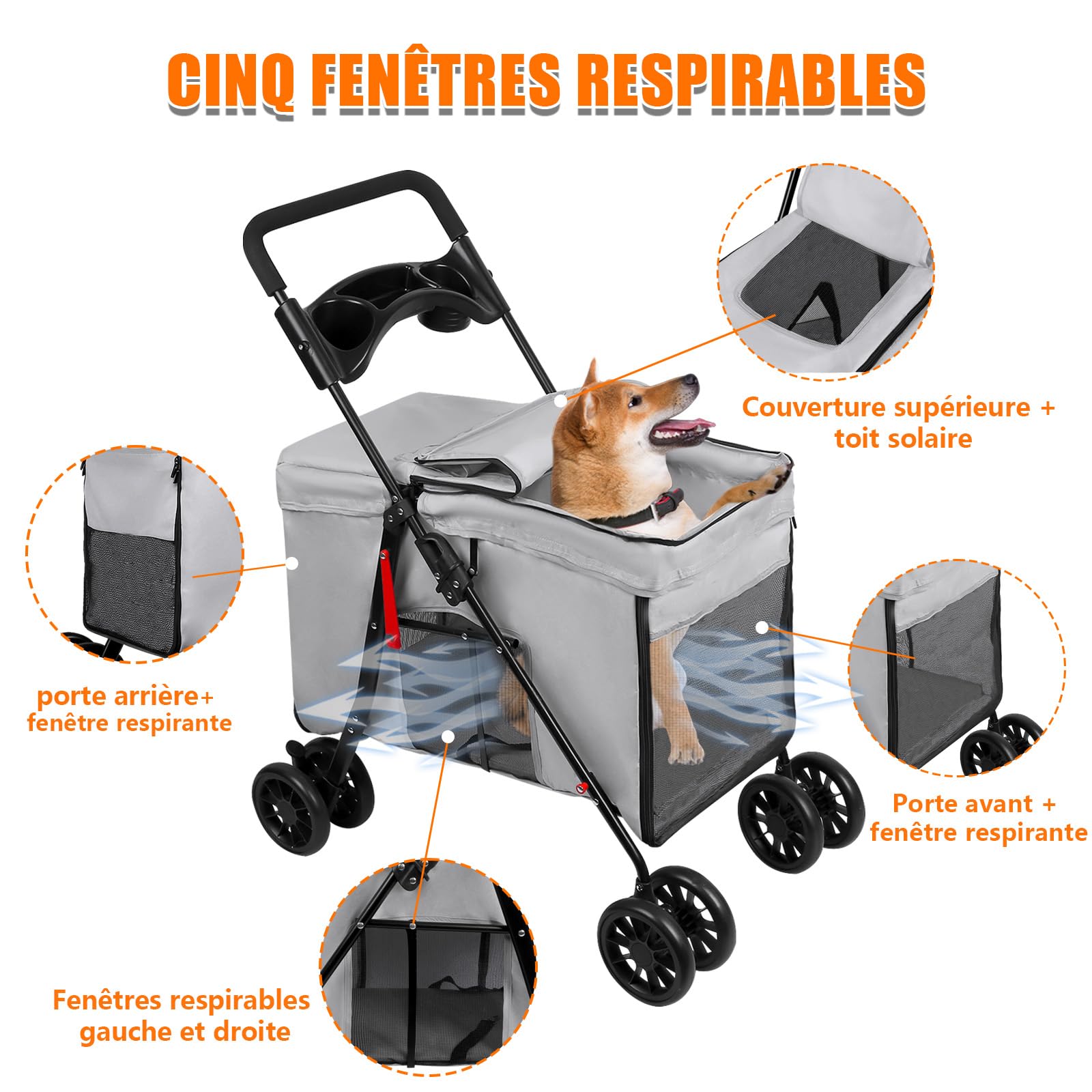 OHMG Passeggino cane gatto passeggino pieghevole cuscino incluso ruote con freno tessuto 600D Oxford acciaio per animali meno di 20 kg, 95 x 75 x 49 cm