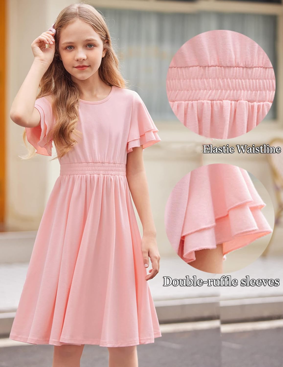 Arshiner Girl's Casual Dress Summer Scoop Neck Short Sleeve Flowy Print and Plain Sundress for Kids 4-14Y - Image 2