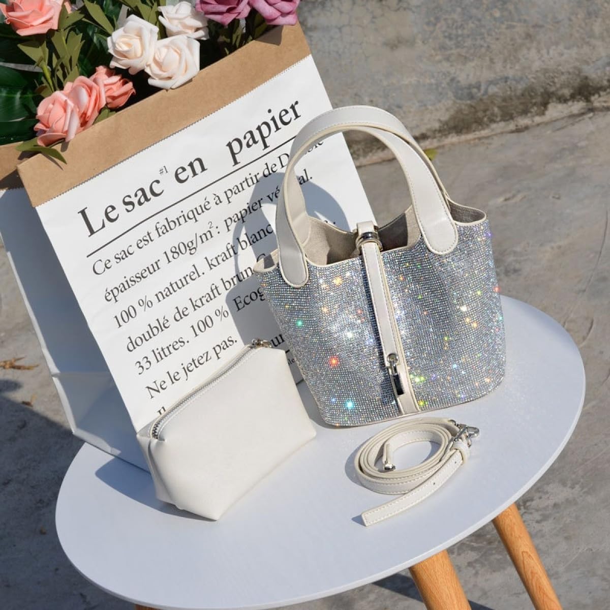 Luxury Platinum Water Drill Bucket Bag - Sparkling Rhinestone Handbag with Single Shoulder Crossbody Strap