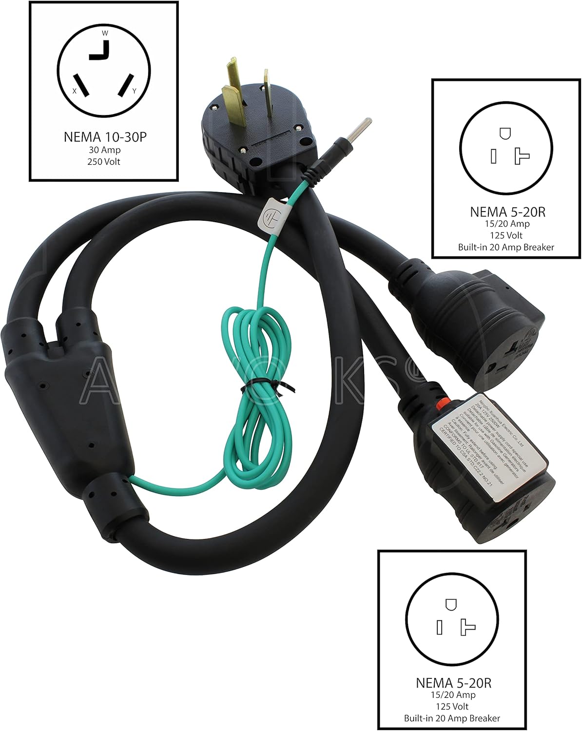 AC WORKS 30 Amp 3-Prong Dryer Wall Outlet Adapter (To (2) 15/20A Household W/Breaker)