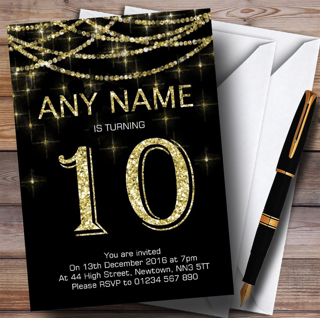 Black & Gold Sparkly Garland 10th Personalized Birthday Party Invitations