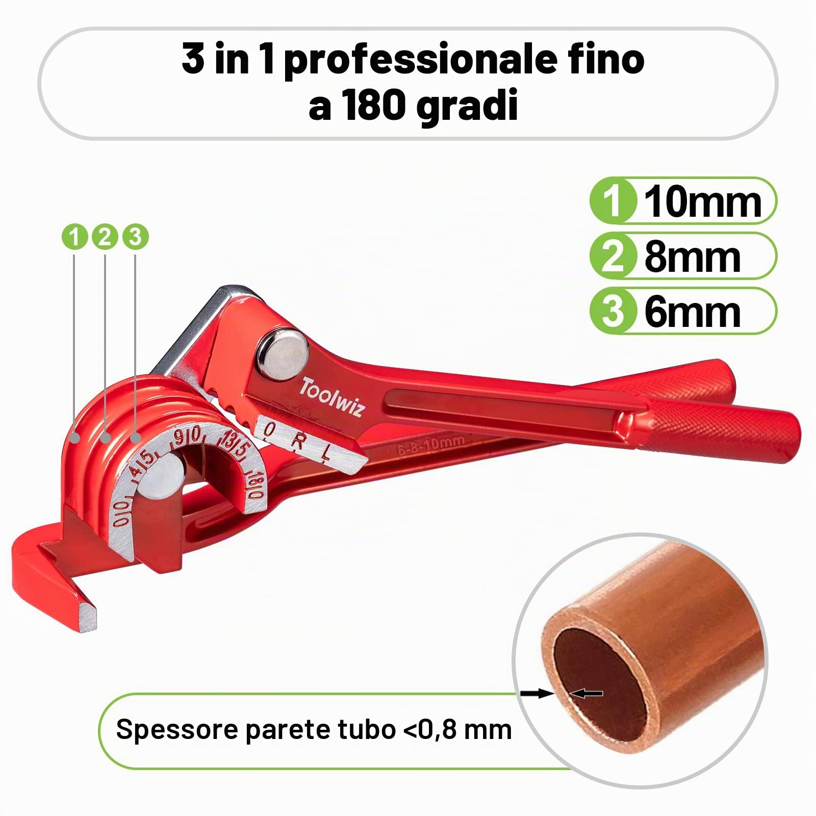 Toolwiz Piegatubi Rame Manuale 3-in-1 Piega Tubi 180 Gradi Curvatubi manuale Per Piegare Il Tubo Da Rame, Alluminio, Ottone 6mm 8mm 10mm, Rosso