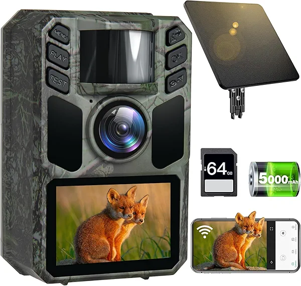 FKPCAM Trail Camera 4K 64MP Solar WiFi Game Hunting Camera with Night Vision– Built-in 5000mAh Battery, IP67 Waterproof, Motion Activated, 64GB Memory Card
