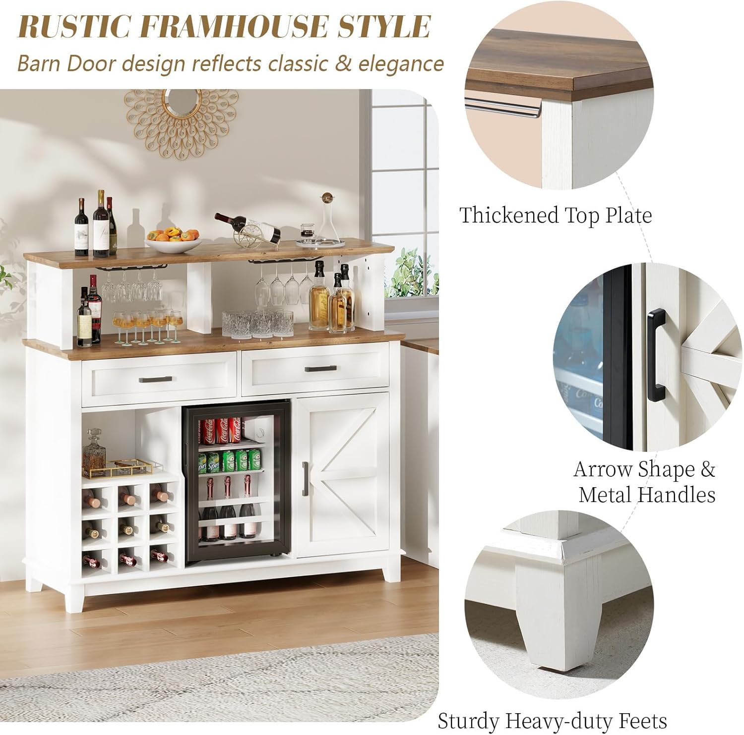 Farmhouse Coffee Bar Cabinet with Beverage Refrigerator Cooler, 47" Rustic Wine Bar Cabinet w/15 Mini Fridge, Barn Door & Glass Racks, Kitchen Hutch Buffet Table w/Drawer, Dining Room, White