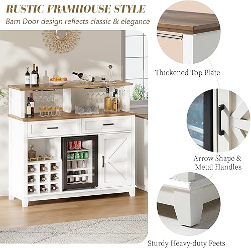 Miniatura 8 de Armario de barra de café de granja con refrigerador de bebidas, gabinete rústico de bar de vino de 47 pulgadas con 15 mini refrigeradores, puerta de