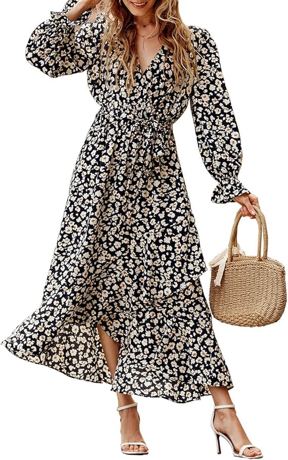 BTFBM Women Long Sleeve Wrap Dress V Neck Boho Floral High Waist Flowy