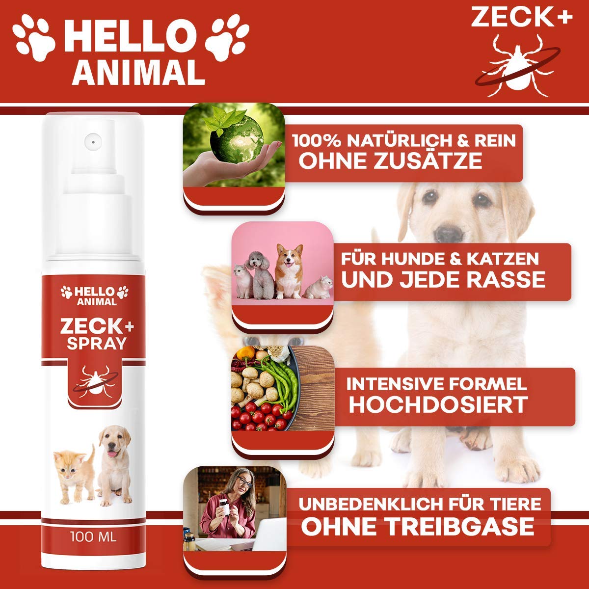Hello Animal ZECK+ Spray 100ml – Natürliches Zeckenspray Hund & Katze mit Lavendelöl – Pflanzlicher Zeckenschutz Hund & Flohspray – Alternative zum Zeckenhalsband für Hunde - 4