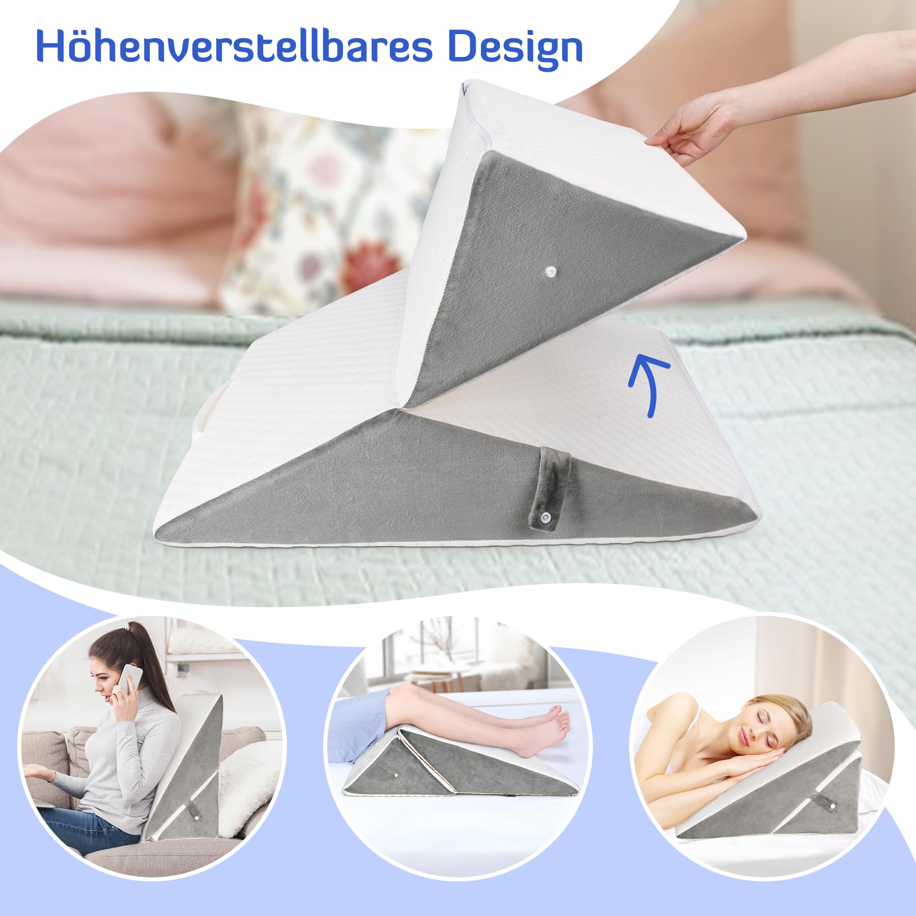 INFANZIA Verstelbaar wigkussen, zeer dicht schuim, leeskussen voor bed en bank, ergonomisch hoofdkussen, bedwig voor reflux, slaapapneu, beenkussen, rugkussen bij het spelen, lezen (wit en grijs