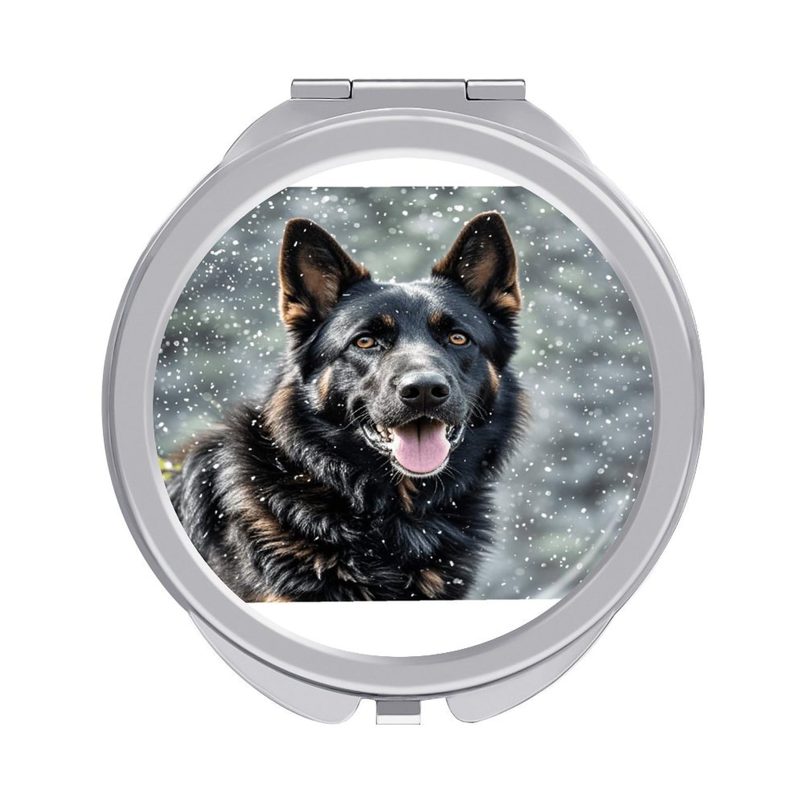 FekiLoot Black German Shepherd Dog Travel Makeup Mirror - Double Side Folding Compact Mirrors with 1x/2x Magnification, Portable Pocket Mirror Small Round Handheld Mirror for Handbag and Purses