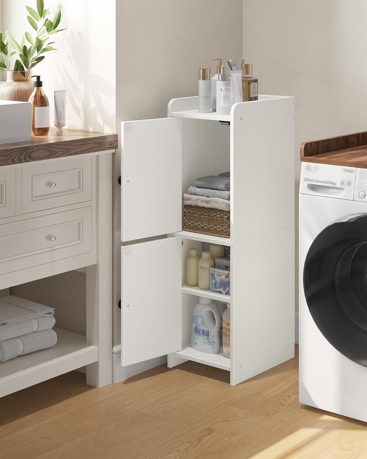 Toilet Paper Cabinet, Small Corner Floor Cabinet, Freestanding Toilet Paper Storage Cabinet with 2 Doors, Narrow Bathroom Cabinet, for Small Spaces, Bathroom, Living Room, Kitchen, White