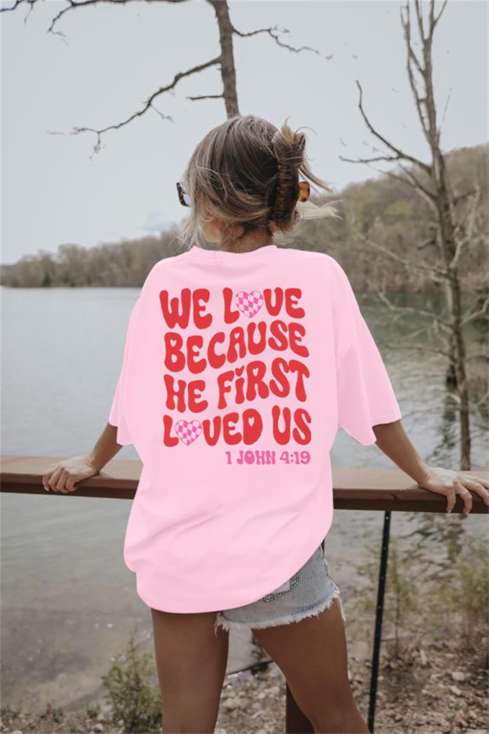 Valentine's Shirt for Women Love Because He First Loved Us T Shirt Heart Tops Christian Shirt - Image 3