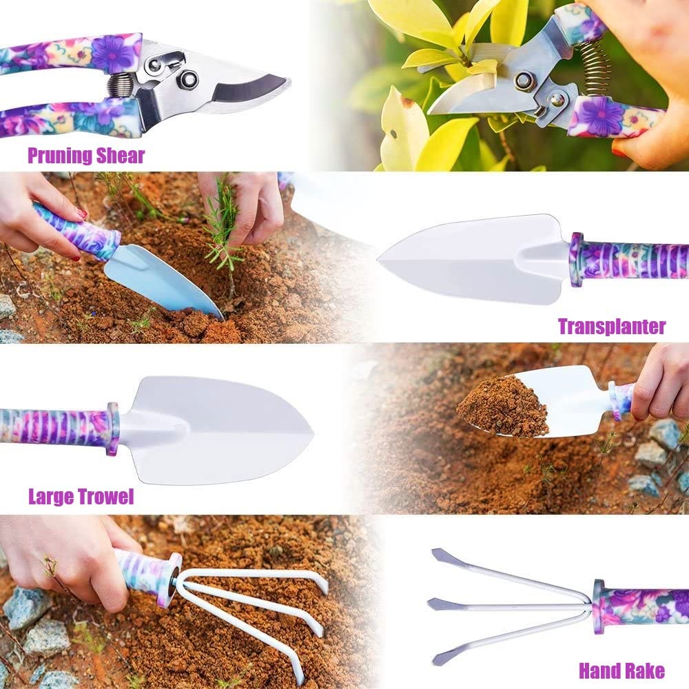 KAHEIGN 10Pz Strumenti da Giardinaggio, Stampa Floreale Viola Attrezzo Manuale Da Giardino Manico Ergonomico Pala E Potatore Rastrello Spruzzatore D'acqua, Regali Di Giardinaggio per Donne, Uomini