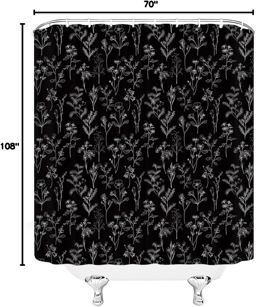 Black White Botanical Shower Curtain Boho Herbs Floral Nature Cute Plant Leaves and Flowers Retro Rustic Farmhouse Vintage Fabric Bathroom Decor Fabric Curtain with Hooks