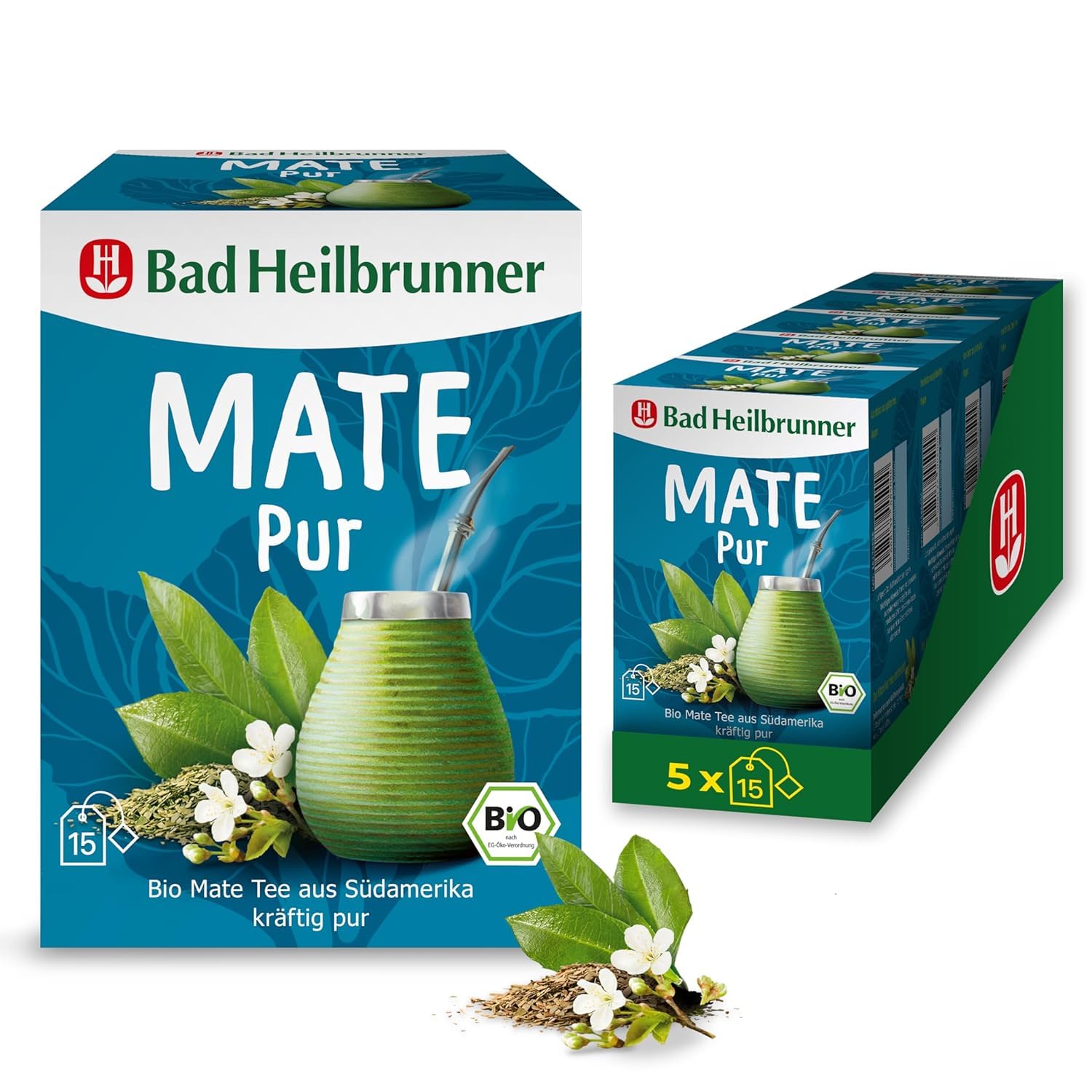 Bad Heilbrunner Mate PUR Tee - im Filterbeutel - Mate - klassischer Mate Tee aus Südamerika mit Kurkuma - harmonisches Geschmakserlebnis (5 x 15 Filterbeutel)