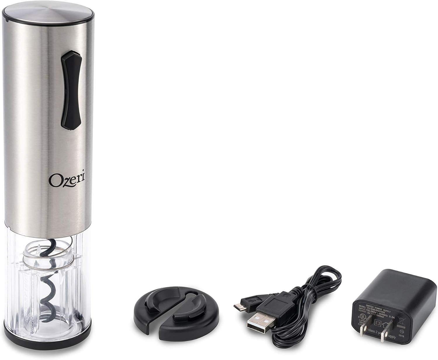 Ozeri electric wine opener with included USB charging cable, wall adapter, and foil cutter.