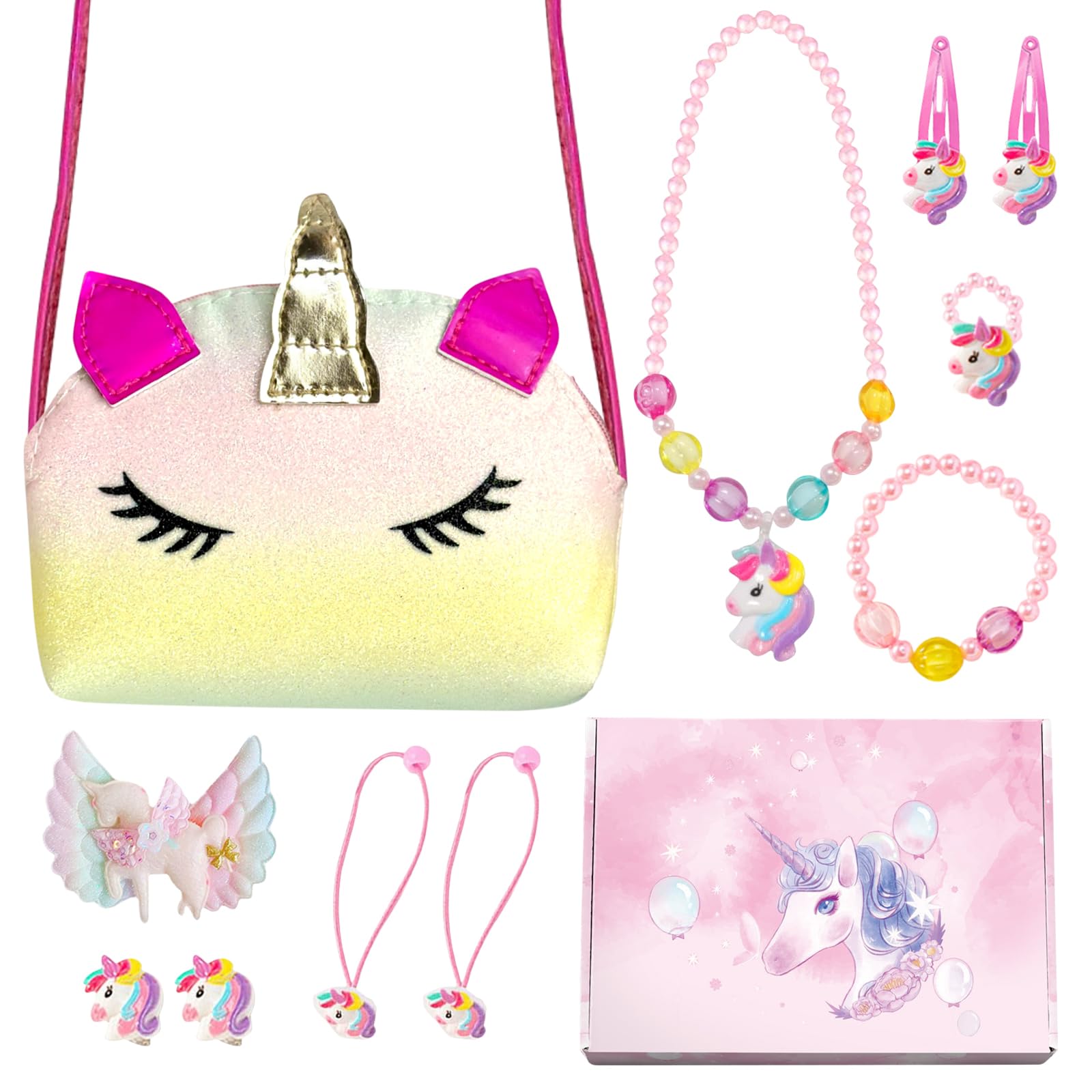 KIKVTER Regalos de unicornio para niñas, regalos 2, 3, 4, 5, 6 años, bolso de unicornio, juego de joyas para niñas, collar de unicornio, pulsera, pasador para el pelo, juego de joyas para niñas, niños