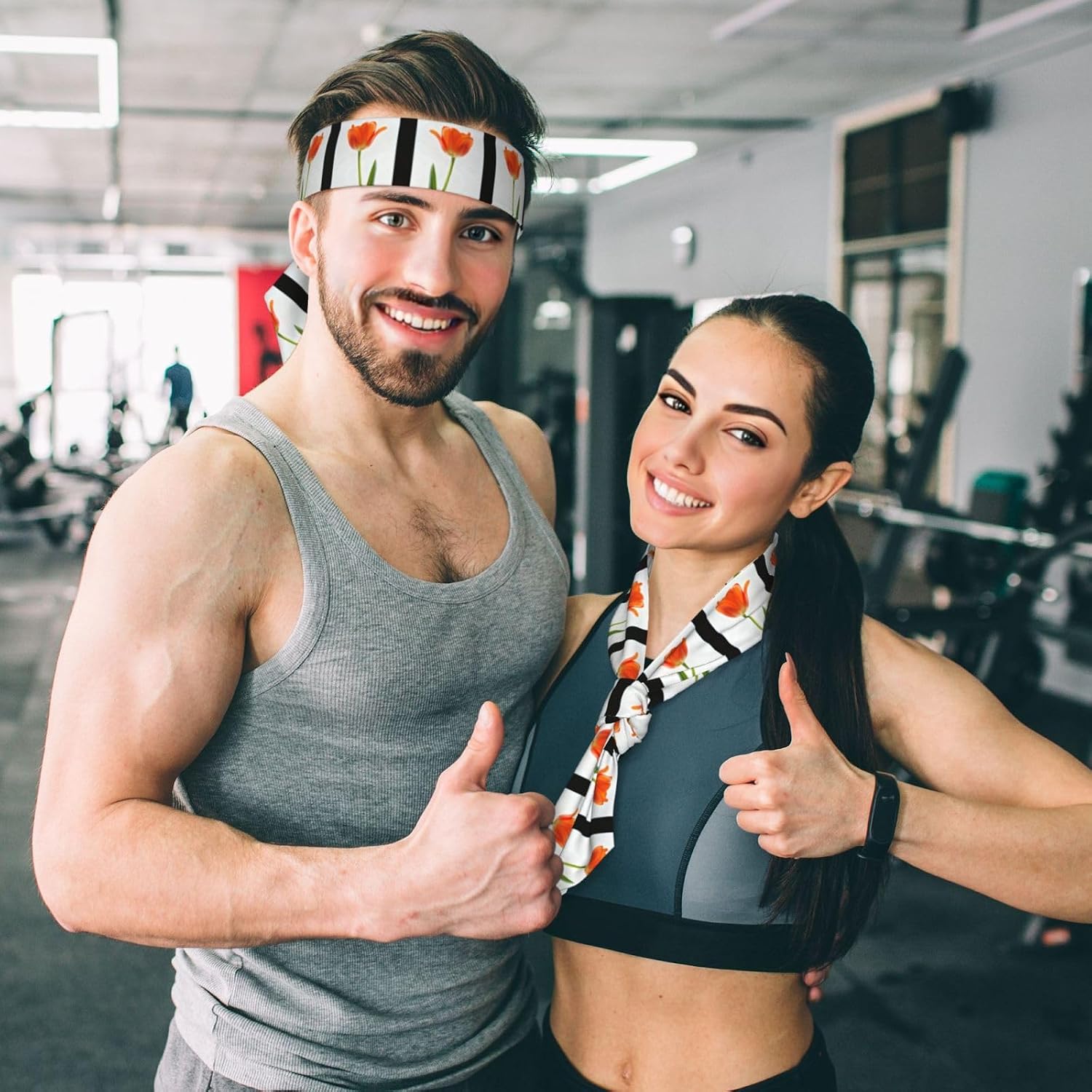 Tie Headband Men Women, Orange Tulip Print Sports Sweatband | Adjustable Tie-Back, Moisture Wicking. For Running Yoga Tennis Basketball Cycling Workout, Orange Tulip Pattern