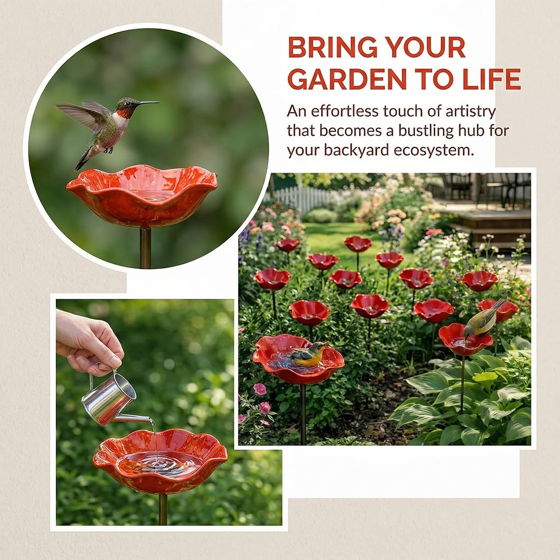 Paletto da giardino in metallo a forma di fiore, abbeveratoio per uccelli resistente alle intemperie e stazione per impollinatori con tappo di terra per giardino, prato e patio (2pc)