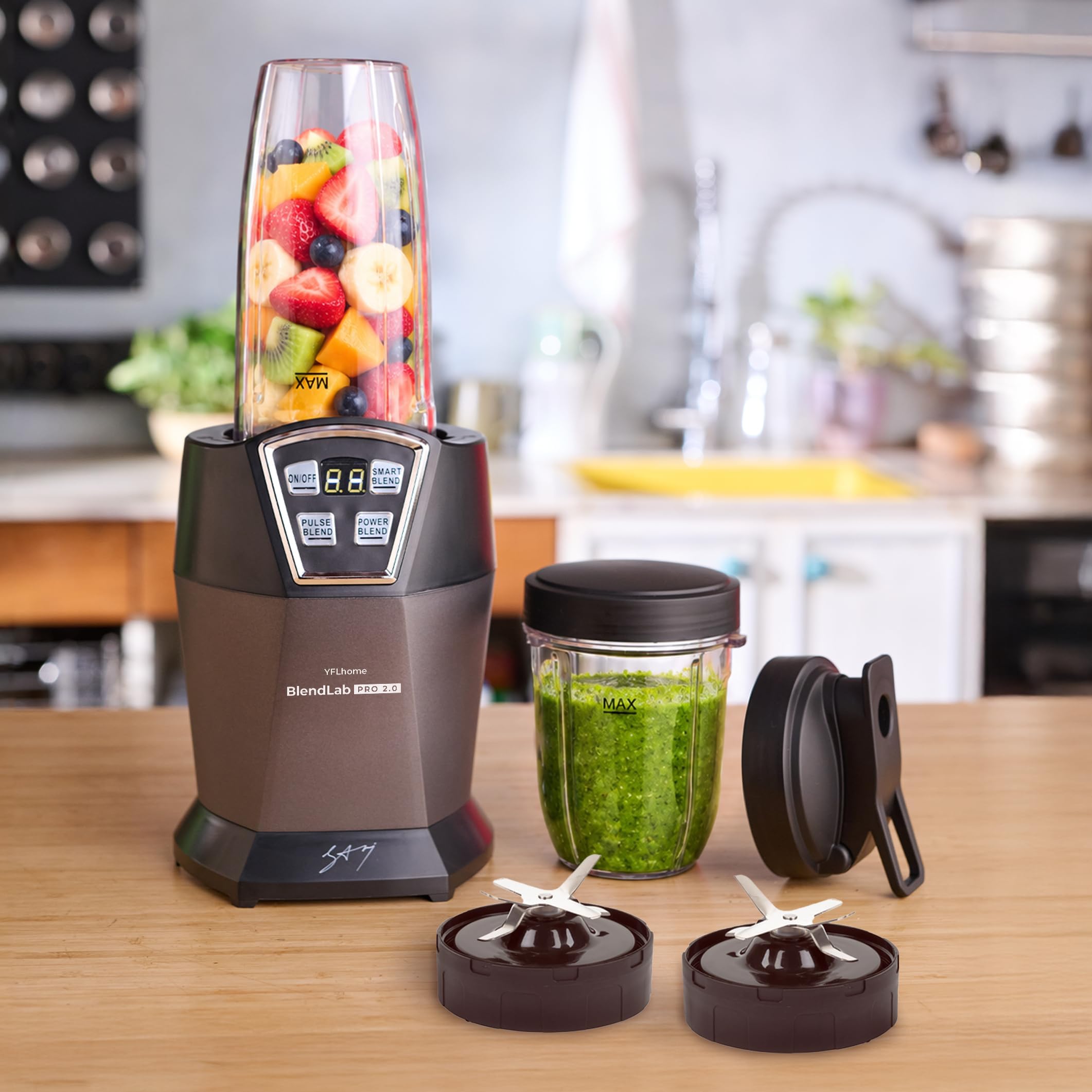 YFL Home by Chef Sanjyot Keer BlendLab Pro 2.0 Mixer Grinder, 1200W Blender for Kitchen, 2 Unbreakable Jars, 100% Copper Motor, Smoothie Maker with Preset Modes, Laser Cut SS Blades (Grey)