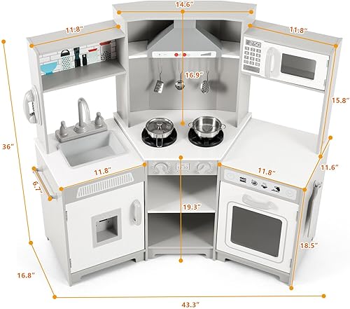 Miniatura 2 de JOYLDIAS Cocina de juego para niños, esquina de madera con luces y sonidos realistas, horno microondas, dispensador de agua, teléfono, fregadero,