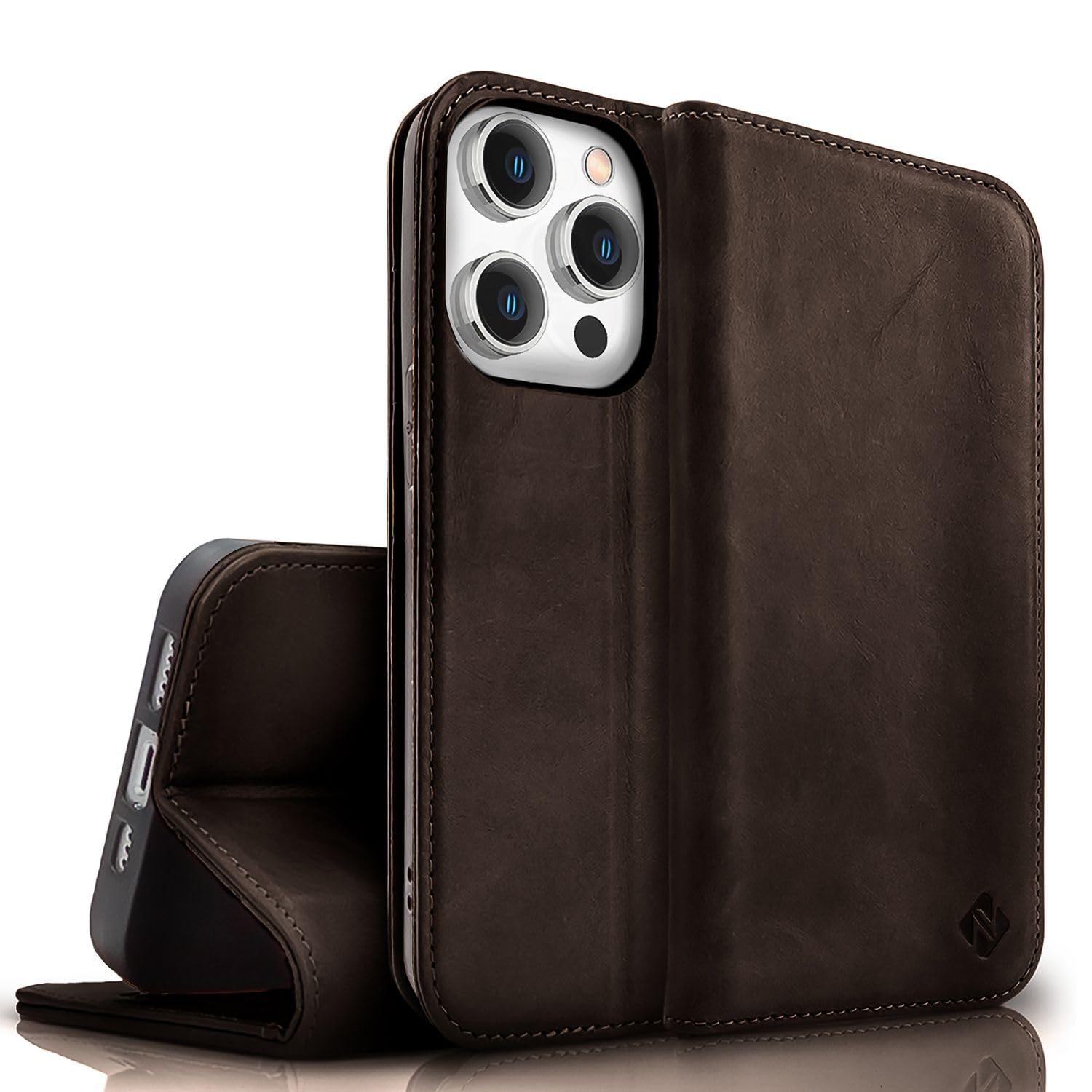 NALIA Genuine Leather Case for iPhone 15 Pro Max, RFID Wallet & Magnetic Closure, LEVANTO (Handmade Book Cover), German Brand
