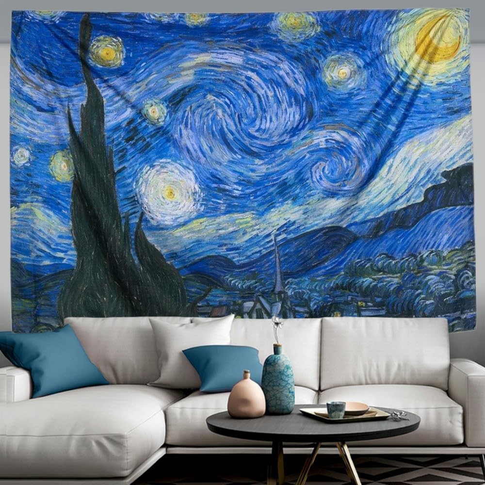 IcosaMro Starry Night Tapestry Wall Hanging, V. Gogh Art Wall Tapestries [60x82.7''][Double-Folded Hems]- Star Blanket Tablecloth for Bedroom, Dorm, College, Living Room, Blue image 3