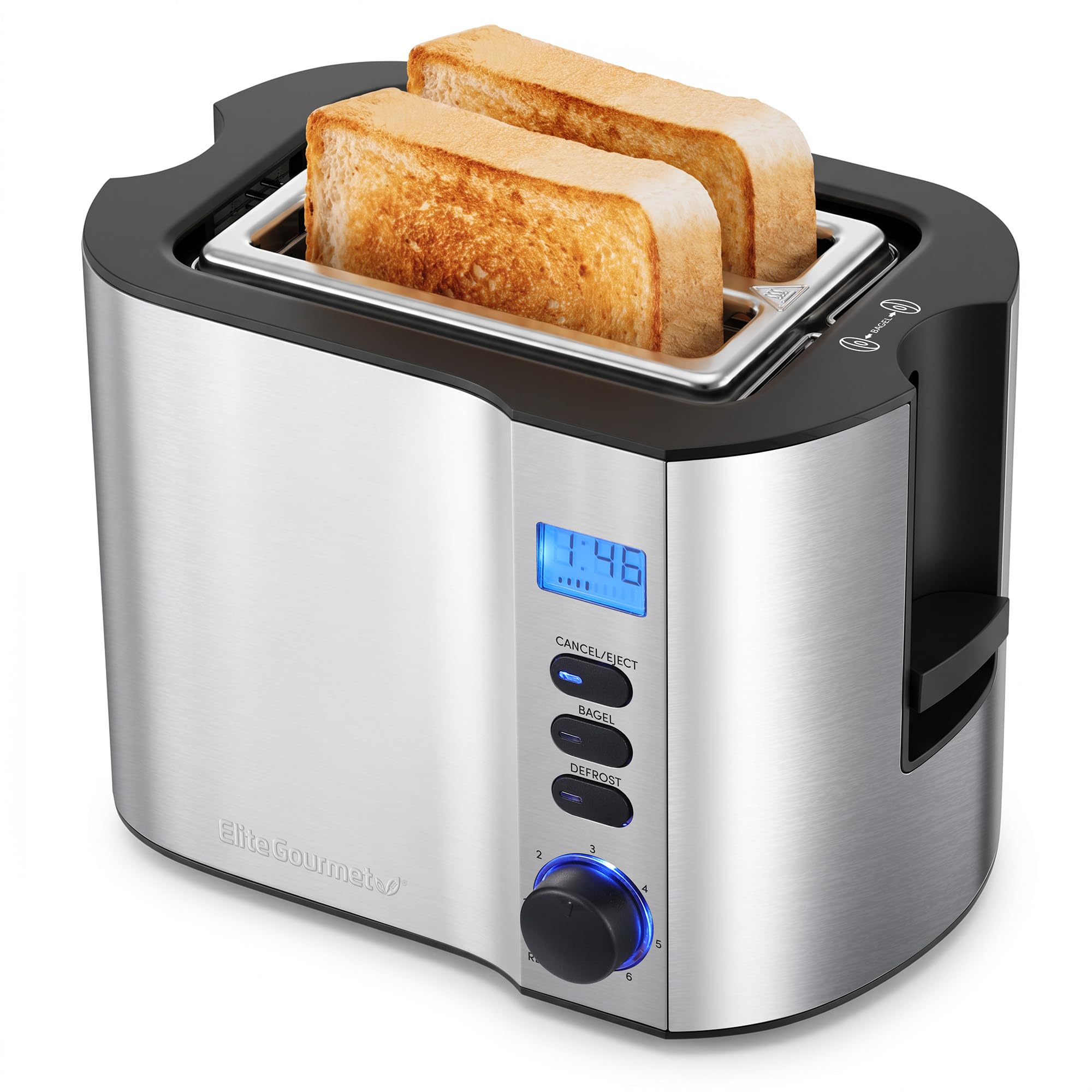 Elite Gourmet ECT2145 2-Slice Toaster, Extra-Wide Slot, Stainless Steel | Bagel, Reheat, Defrost & Cancel Functions, 6 Toast Settings, Built-In Warming Rack, Countdown Timer