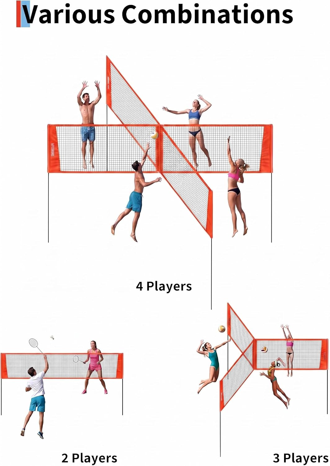 4 Square Volleyball Net Set with 3 Adjustable Heights, 14FT Cross PE System, Use in Backyard or Beach, Includes Ball, Pump, Carry Bag, Hammer, Outdoor Team Games, Black/Red