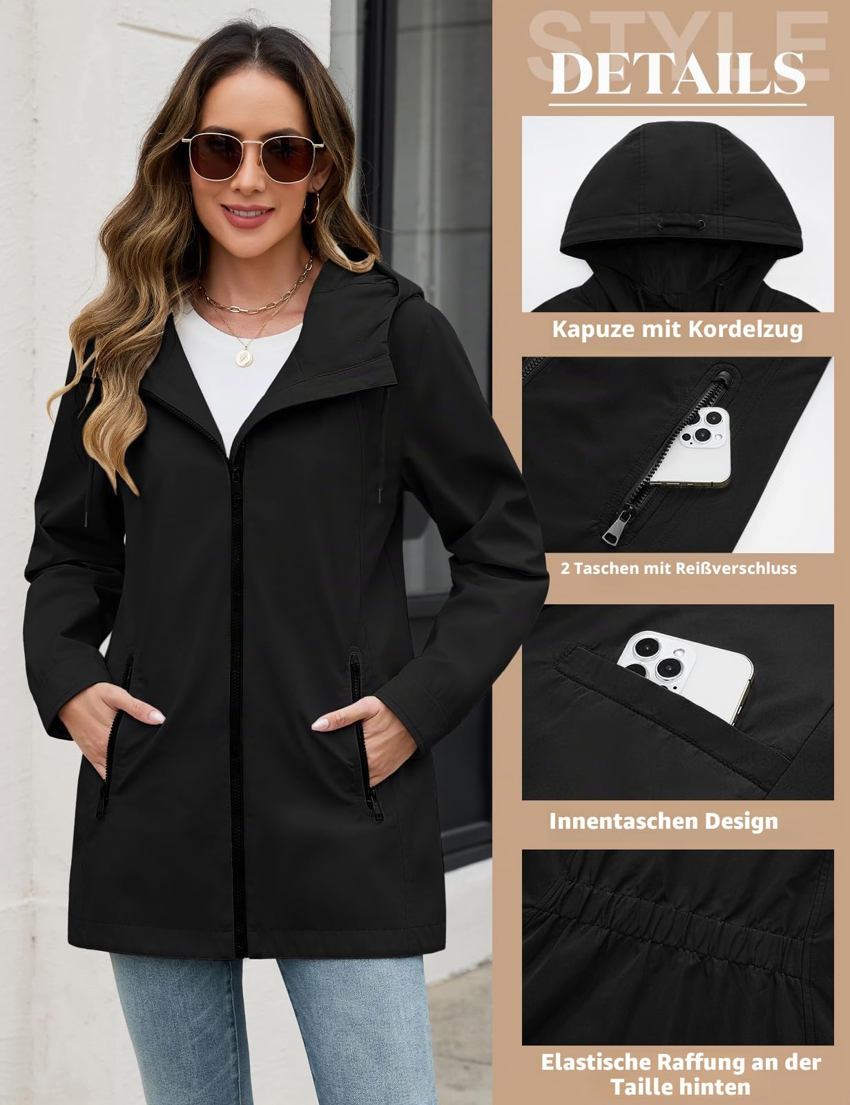 Tuopuda Damen Übergangsjacke Leicht Herbstjacke Kurzmantel mit Kapuze Parka Kurz Windbreaker-Jacke mit Reißverschluss Sportliche Damen Outdoor-Jacke