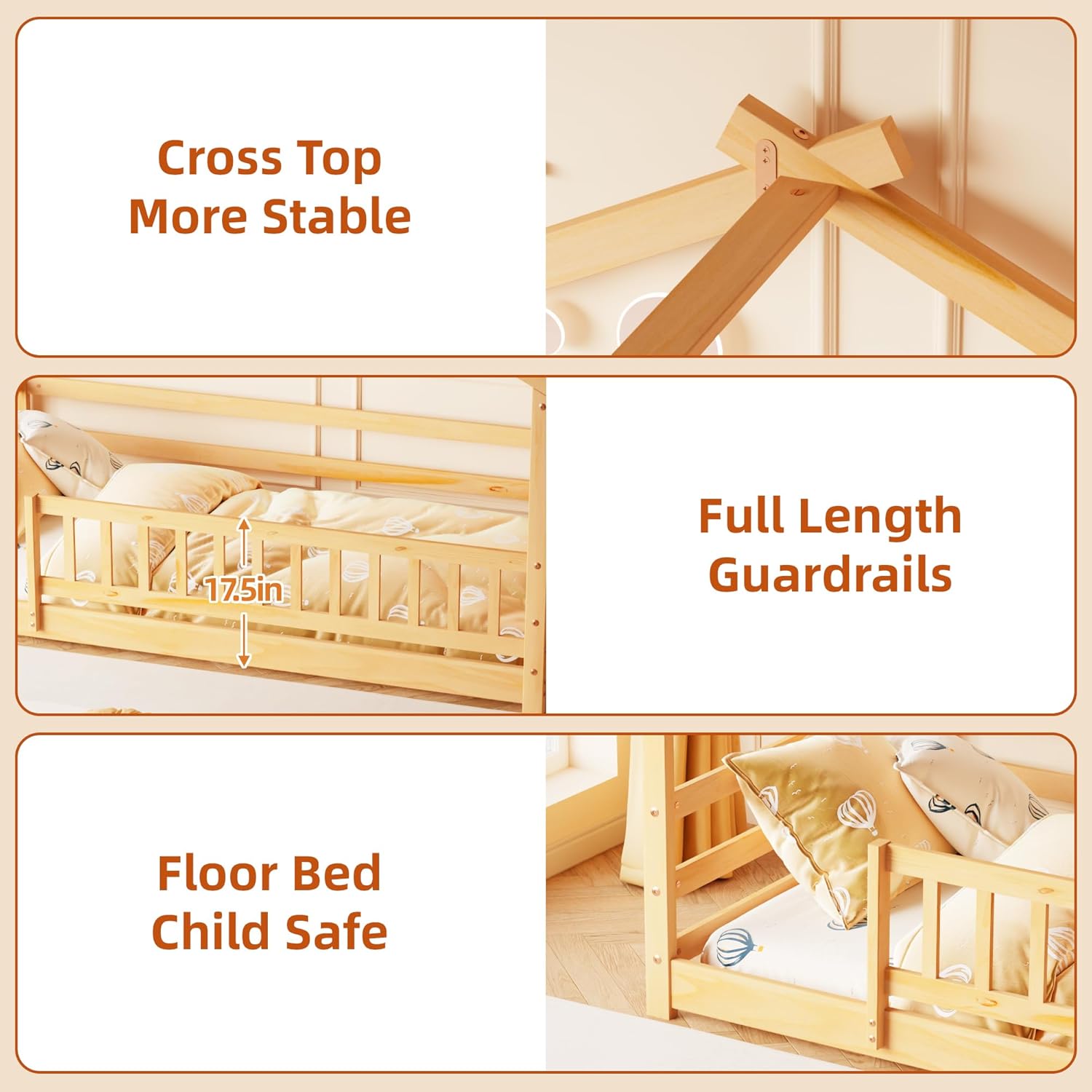 Twin House Bed, Montessori Floor Bed with Headboard & Footboard, Solid Wood Bed Frame for Toddlers Teens Bedroom (Natural, Floor Bed with Fence)