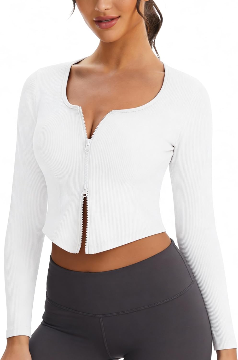 Workout Jackets for Woman Long Sleeve Workout Tops Double Zip Up Running Gym Athletic Cropped Shirts