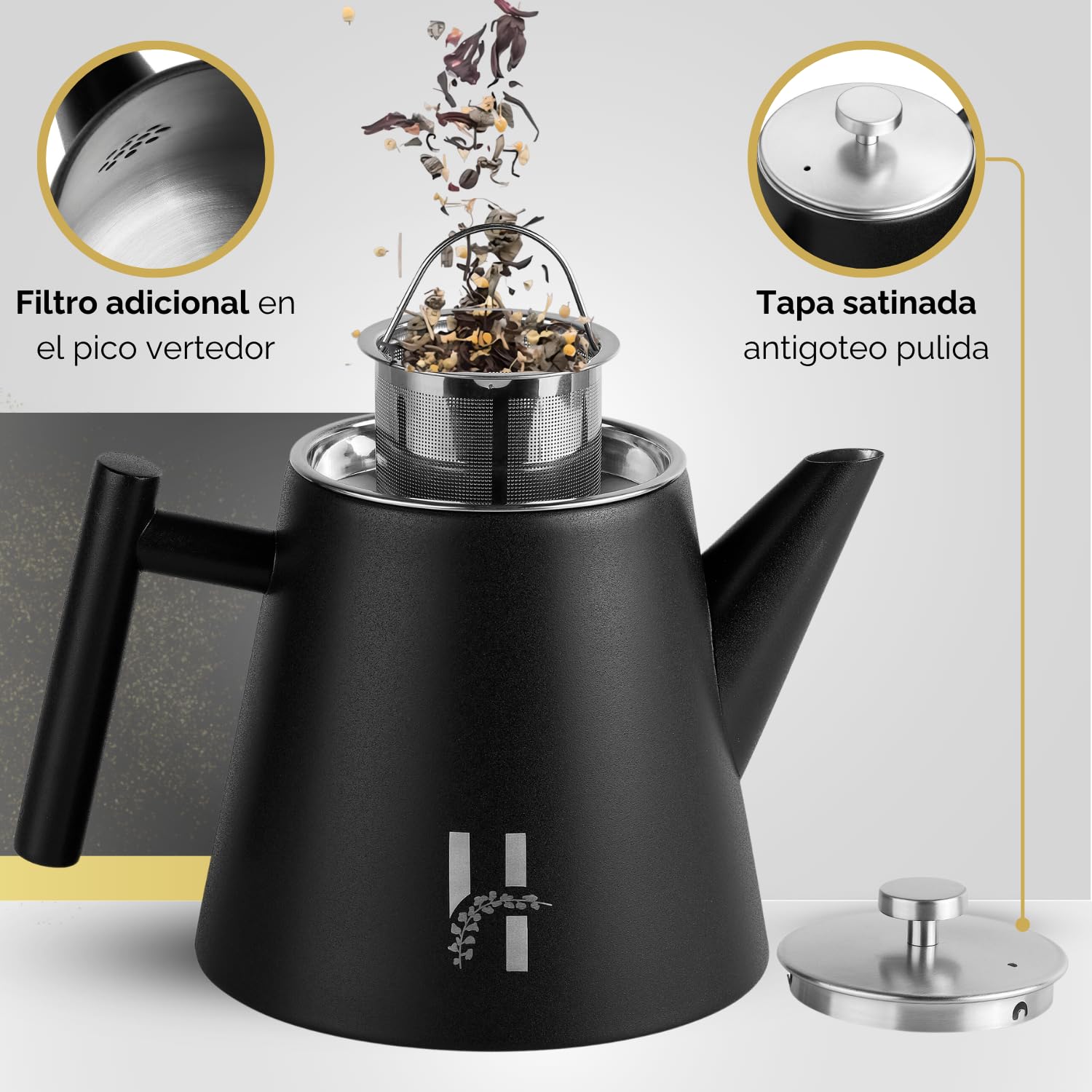 Tetera con filtro Hanamura – Para infusiones de acero inoxidable 1L – Negra moderna de doble pared