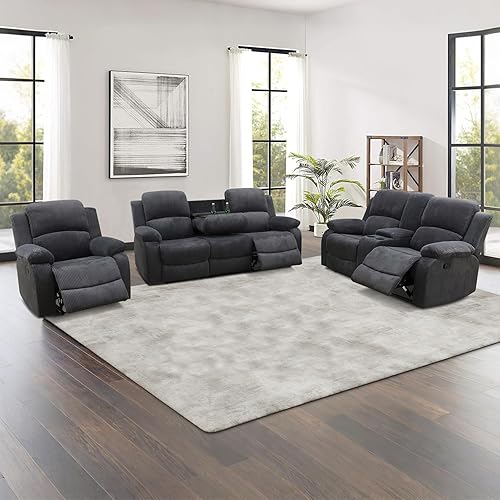 Miniatura 19 de Juego de sofá reclinable de microfibra de lino gris, 3 piezas (sofá+sofá biplaza+silla), marco de madera, cuero/microfibra/pana, 82 x 40 x 40 Gris