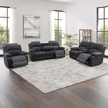 Manual Recliner Sofa Set for Living Room, Reclining Couch Set with Cup Holders,3 Seats Sofa with Pull Down Coffee Table/2 Seats Loveseat with Storage Console/ChairDark Grey Corduroy,3+2+1