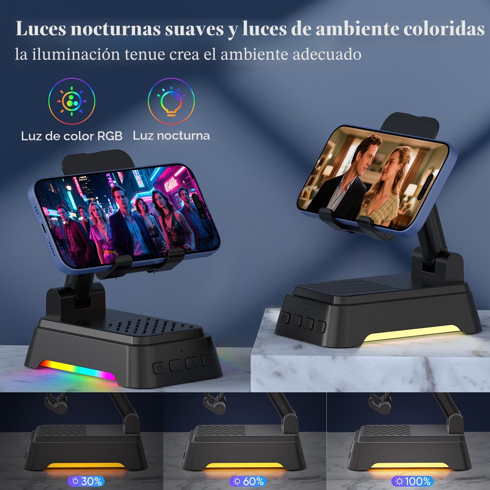 Altavoz Bluetooth con Soporte Movil Mesa y Luz Nocturna,Altavoz Portatil Bluetooth con Soporte Móvil Mesa Ajustable para iPhone/Samsung/iPad, Regalos Originales para Hombre y Mujer