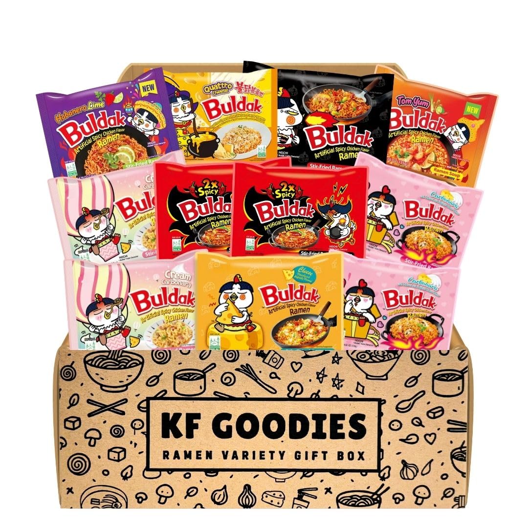 KF GOODIESKorean Ramen Variety Pack Gift Box (11 Count) – Spicy Buldak Noodle Assortment for Birthdays, College Care Packages, Office Snacks, and Gift Baskets
