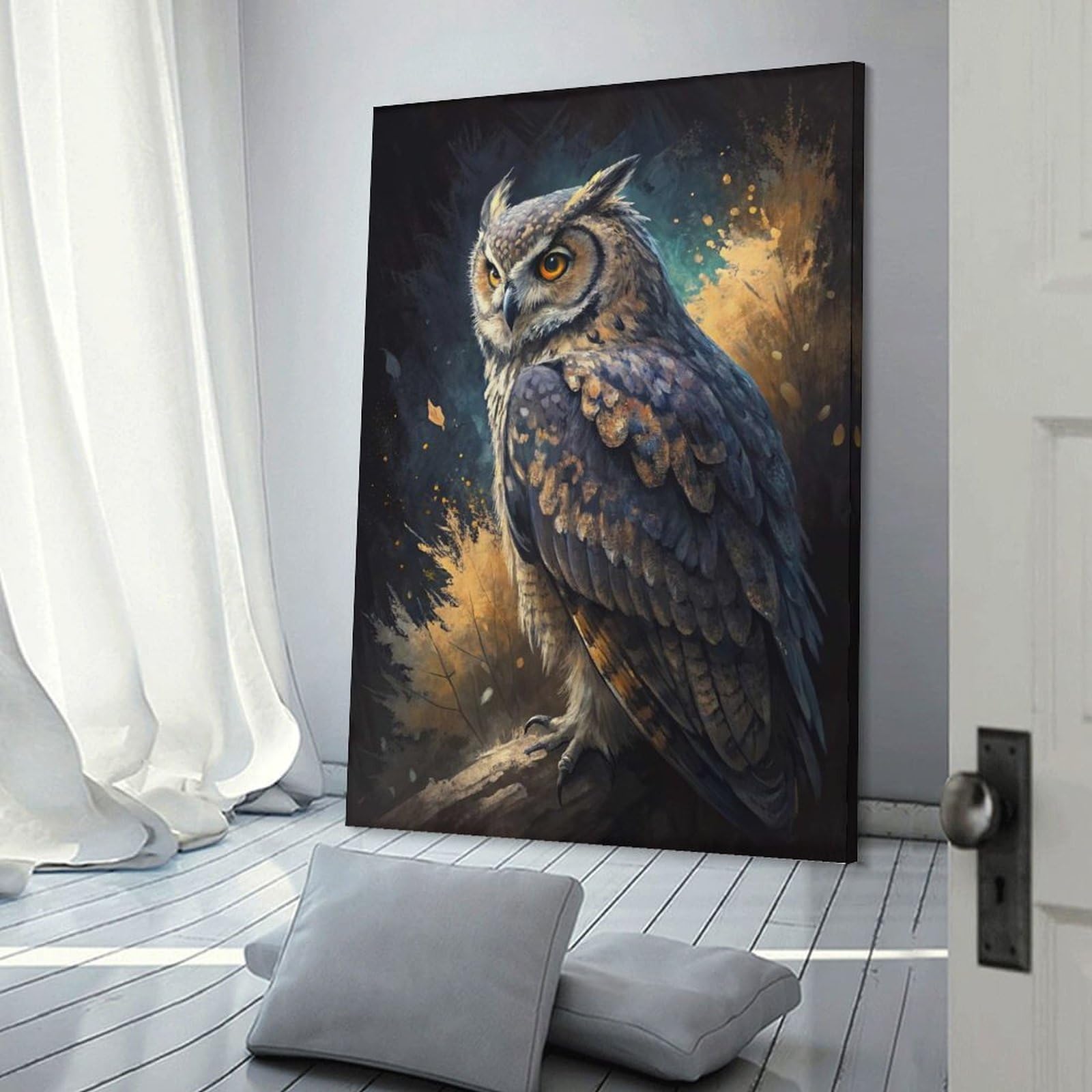 Junmoney Canvas Wall Art Majestic Owl Painting, 24x36inch(60x90cm), for Bedroom, Guest Room Or Reading Nook, Canvas Wall Decor for Personal Spaces
