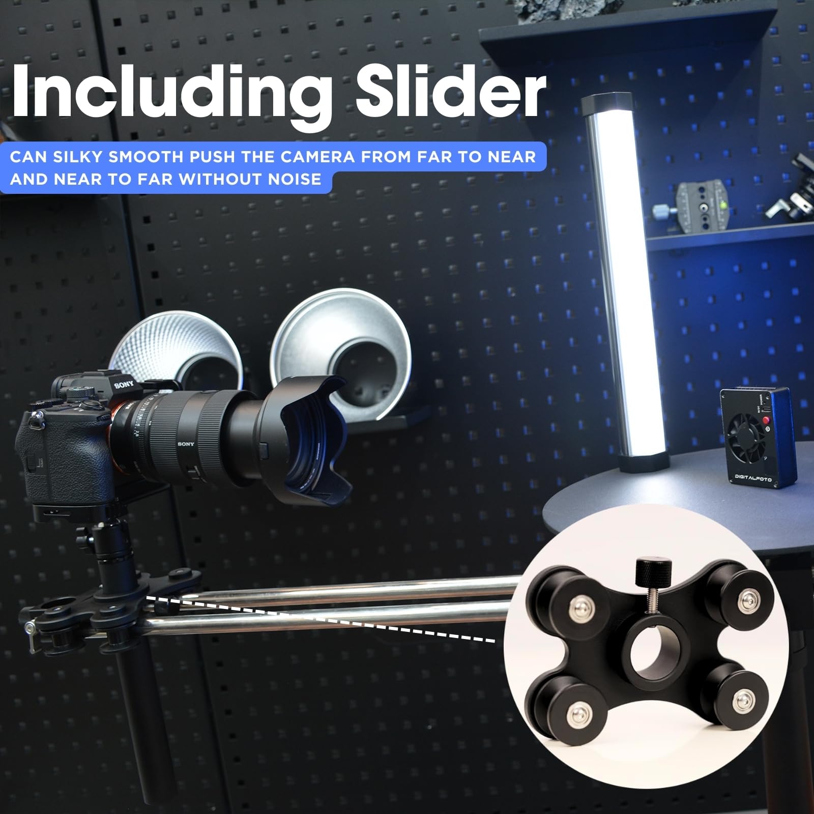 Plateforme Photo 360 DFCINE avec Slider – Rig Rotatif pour Caméra Vidéo avec Roue Dolly, pour Photographie Commerciale de Produits, Effets 360, Ralenti, Bullet-Time et Mouvement Slider (V360S)